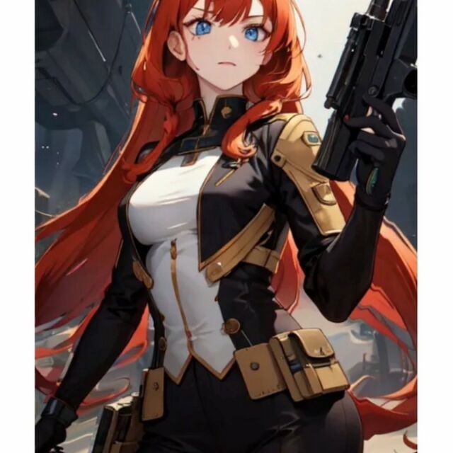 Ginger blue-eyed futuristic special agent ... anyone care to create an anime around her? I think I will call her Mitsuko Marie. #anime #gun #blueyes #kickassgirls #gingerhair #starwarscosplay #aiart #cyberpunk